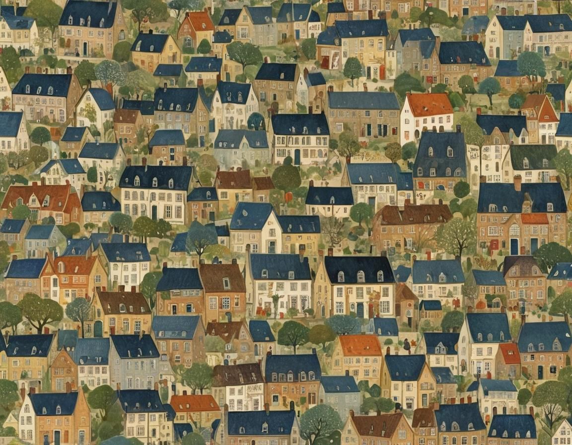 Intricate Town Illustration in Vintage Botanical Style