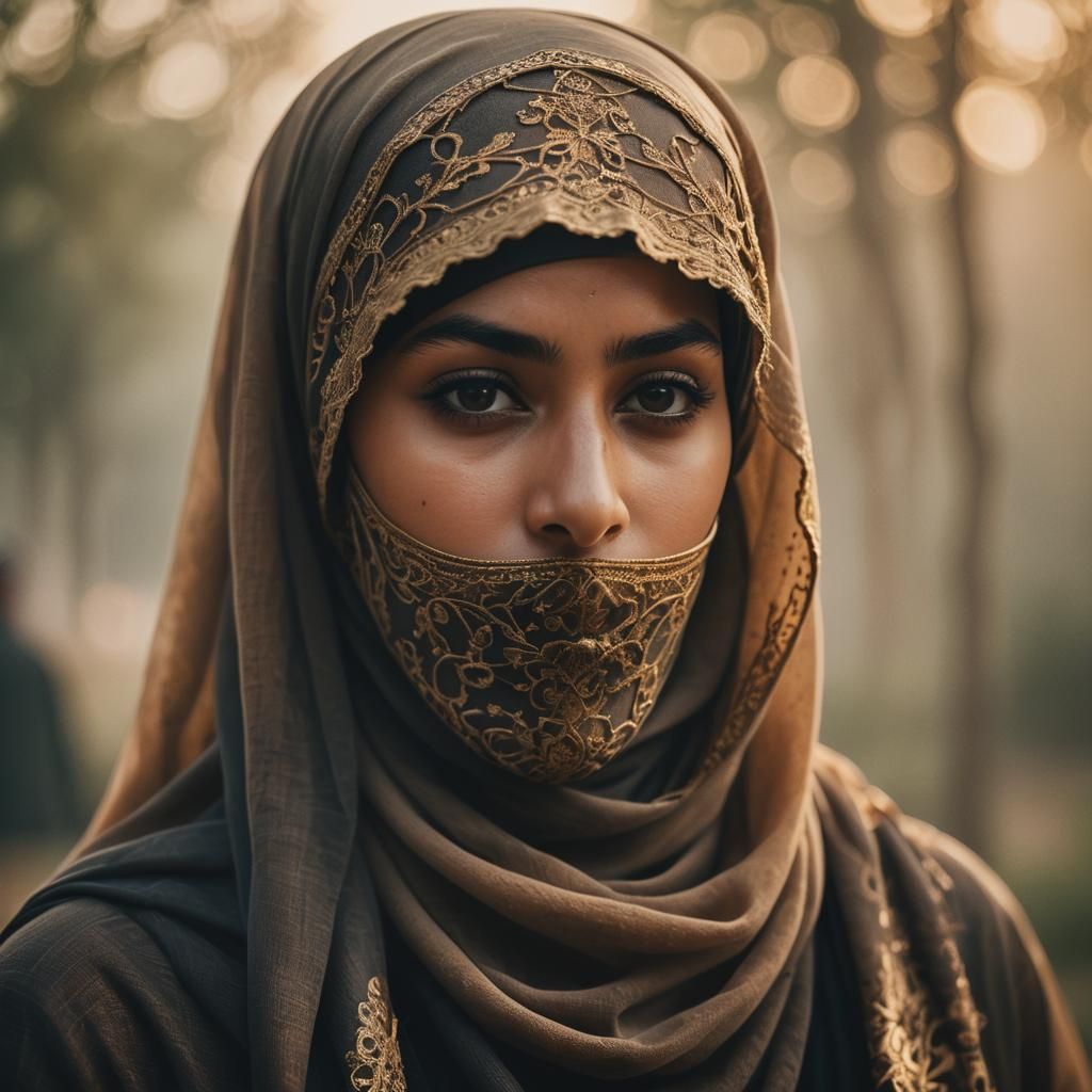 Introspective Muslim Woman Portrait in Golden Hour Lighting