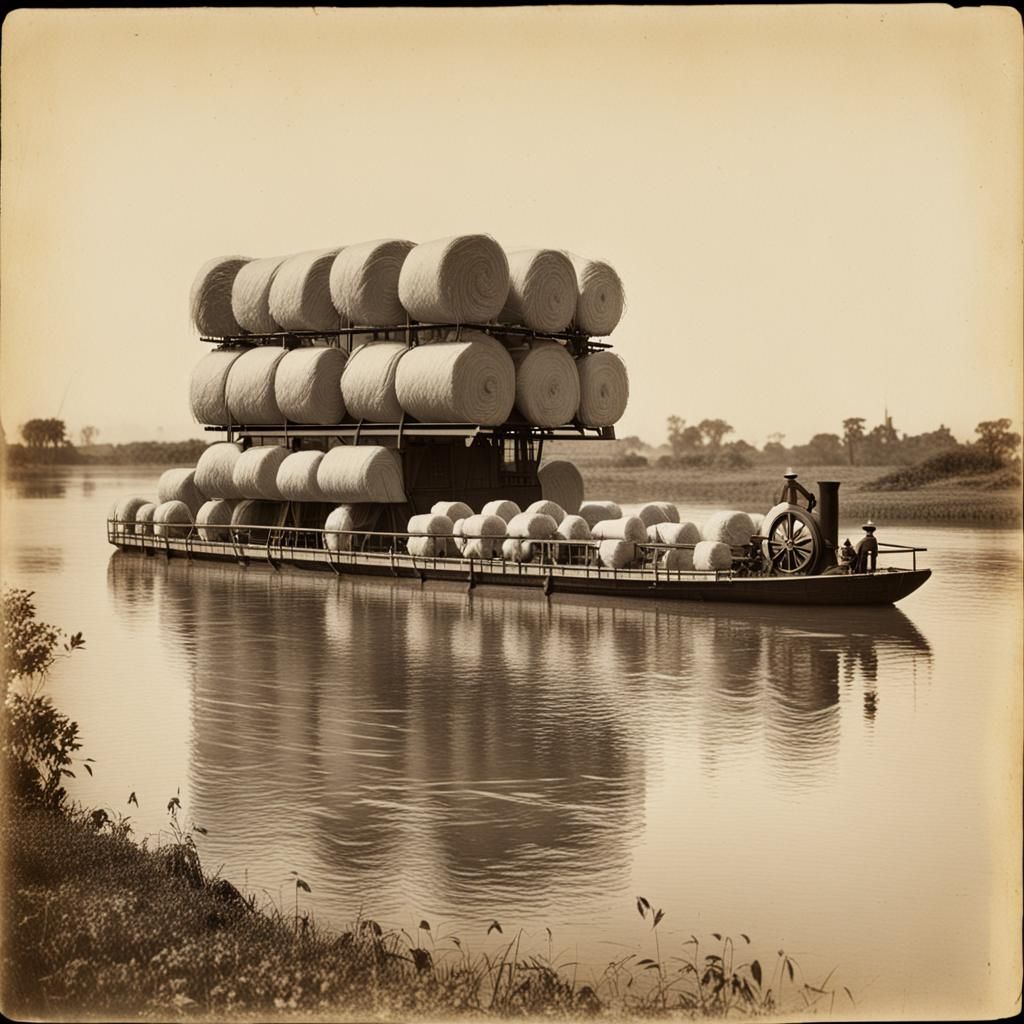 Paddle-Wheel Boat Transporting Cotton Bales on River