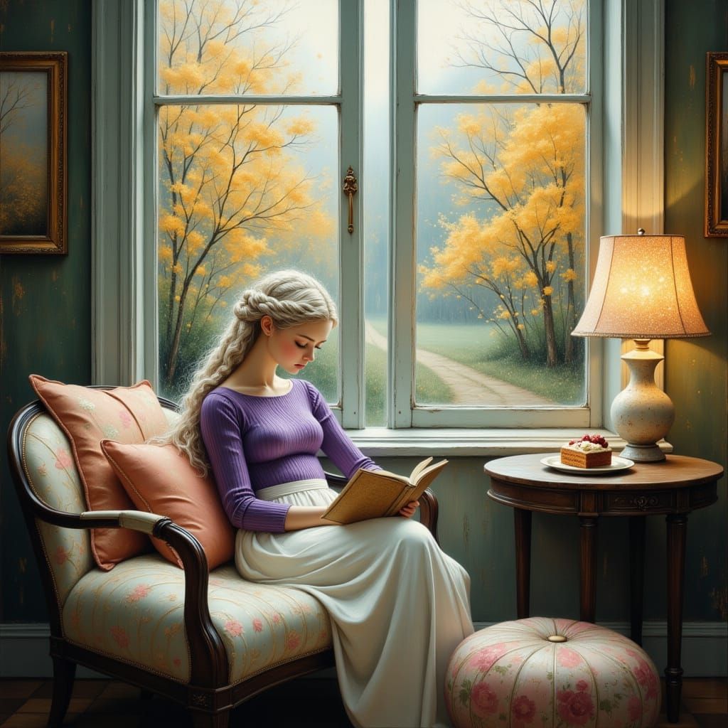 Woman Reading by Window in Cozy Room