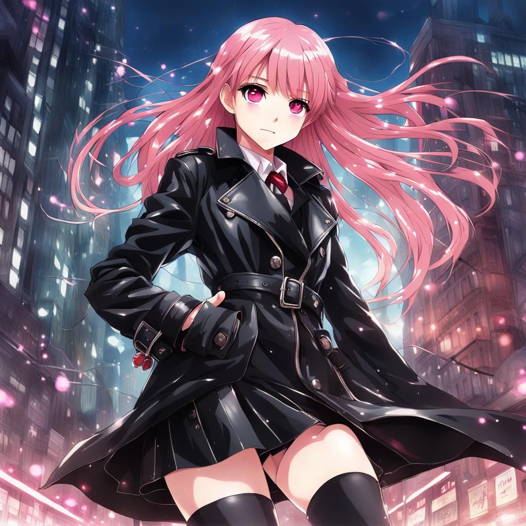 Kawaii Anime Girl in Black Leather Outfit