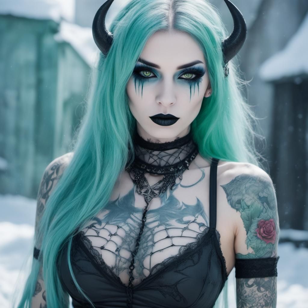 Icy Green Haired Gothic Demoness Princess