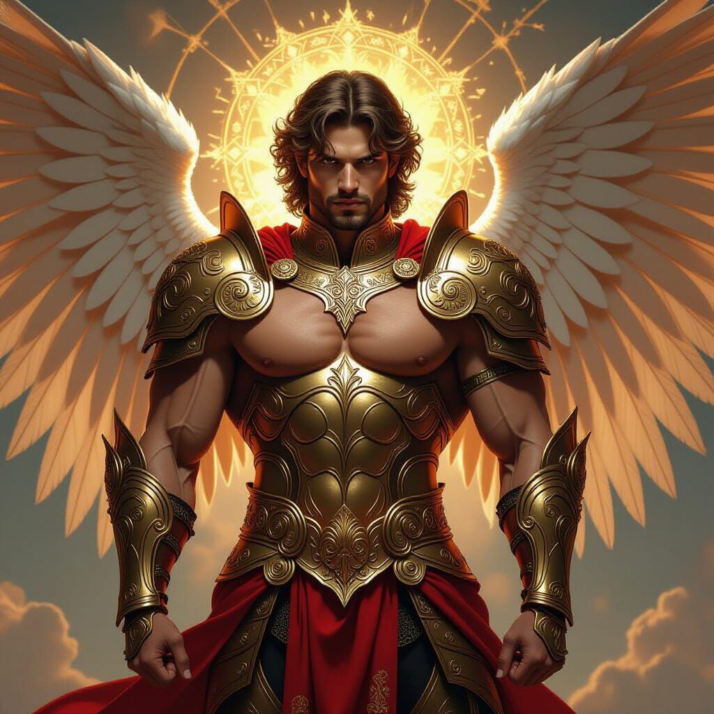 Muscular Angel Man in Red Gold Armor as Aries