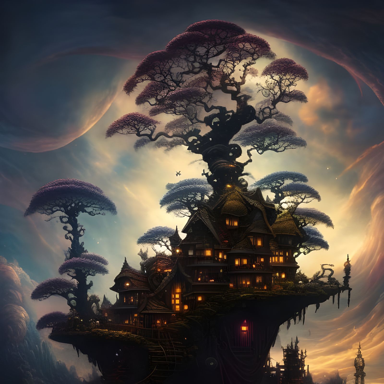 Clockpunk Bonsai Village with Intricate Sky
