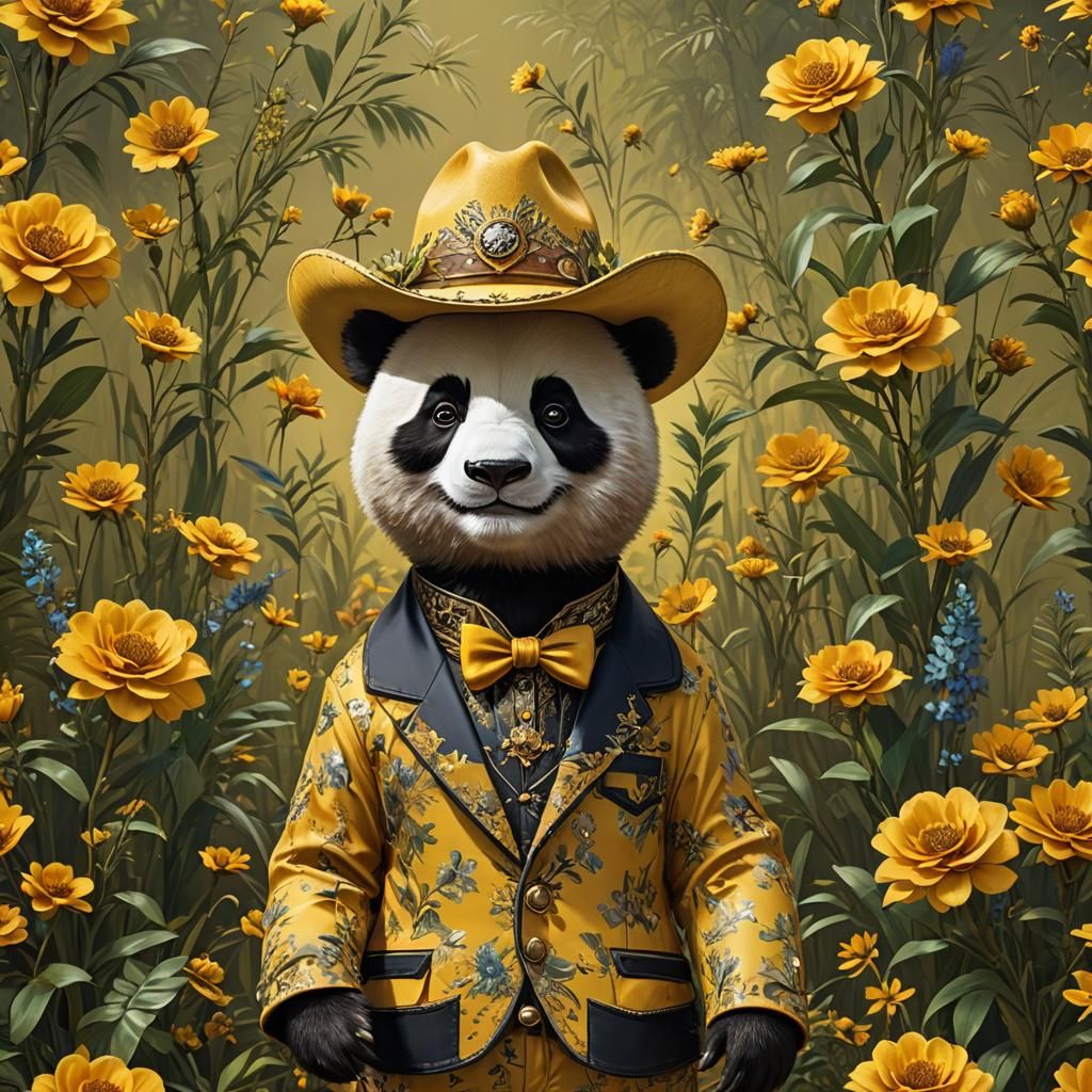 Panda Bear in Floral Suit: Detailed Fantasy Art