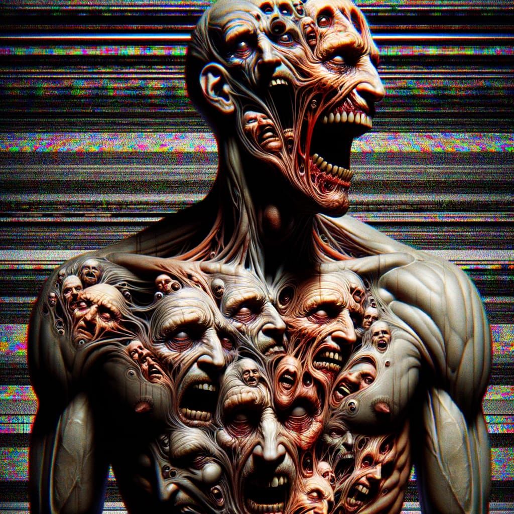 Disturbing Torso of Grotesque Faces: Surreal Glitch Art