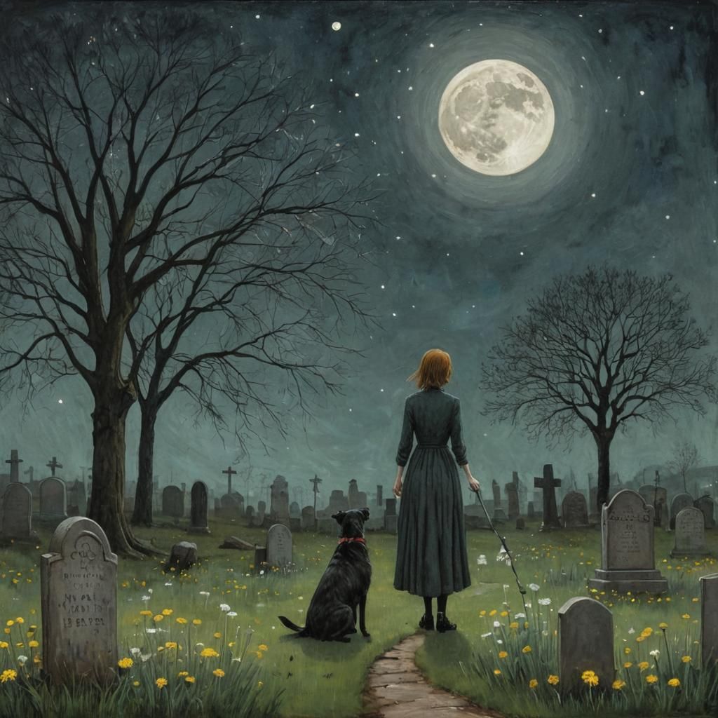 Surreal Graveyard Scene with Girl, Dog and Full Moon
