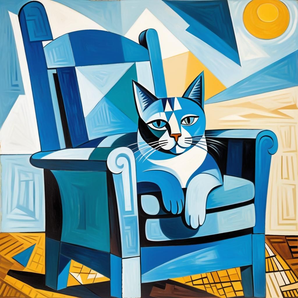 Surreal Cubist Cat Dreamscape in Picasso Blue
