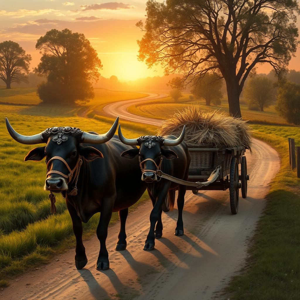 Oxen Pulling Cart at Sunset, Rustic Realism