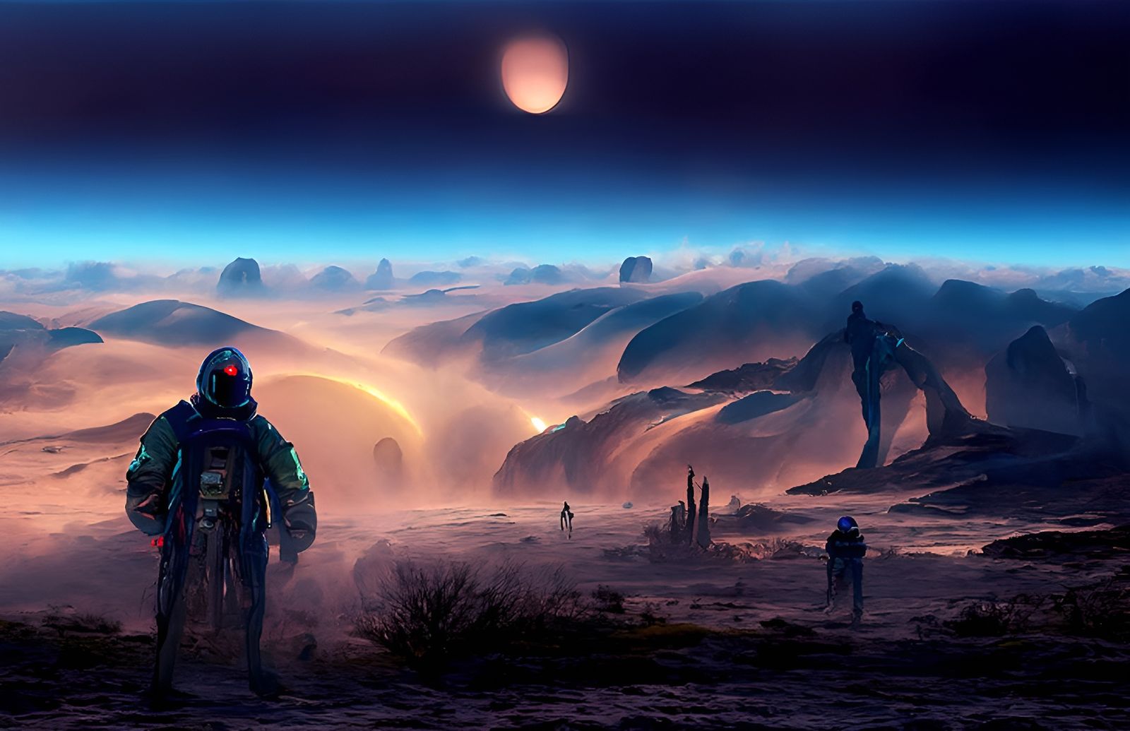 Astronaut Contemplates Foggy Desert in Alien Landscape