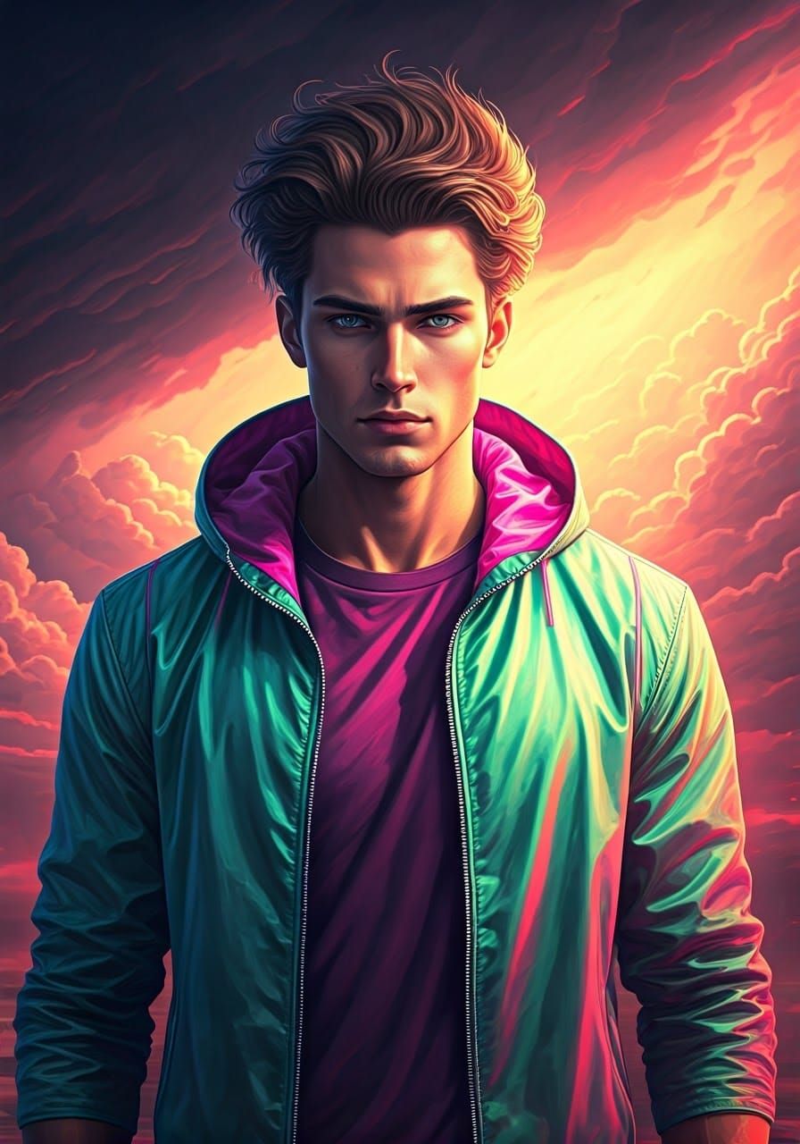 Strong Jawline Male in Iridescent Green Jacket, Magenta Acce...