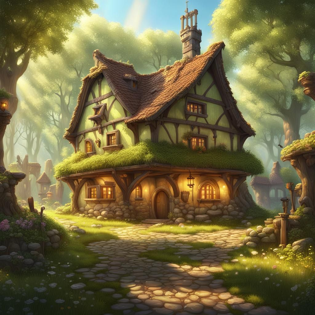 Dreamlike Medieval Inn at Forest Crossroads