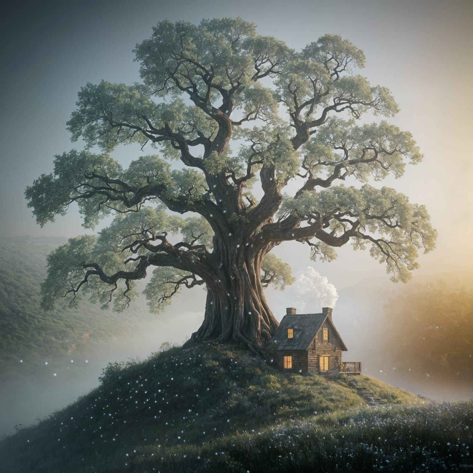 Ethereal Oak Tree Cottage in Dreamlike Valley