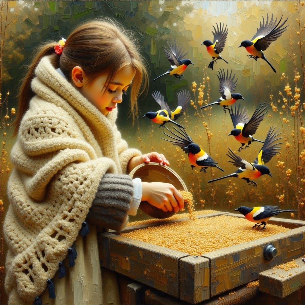 Girl in Whimsical Landscape with Bullfinches