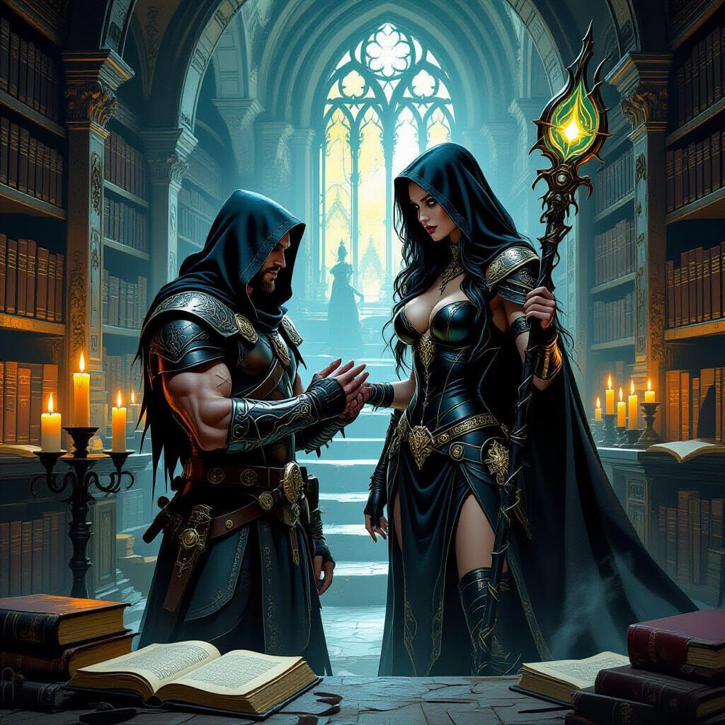 Mysterious Adventurer Charms Sorceress in Eerie Library