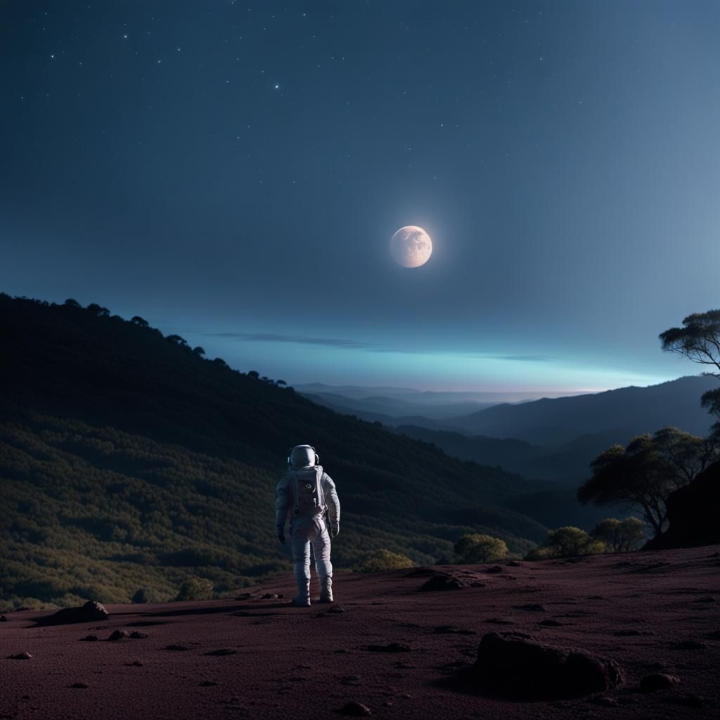 Astronaut on Barren Planet Gazing at Stars
