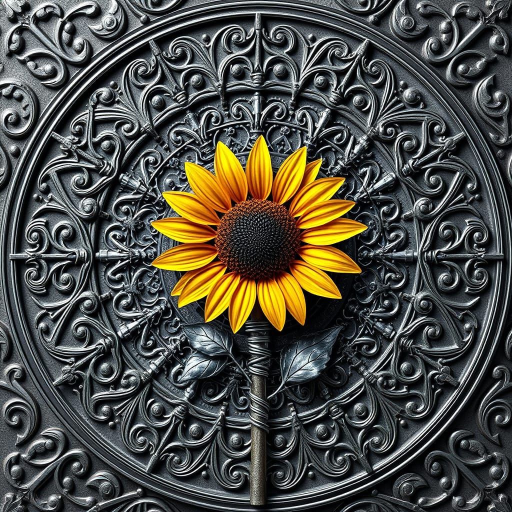 Metallic Sunflower in Ornate Clockwork Mandala