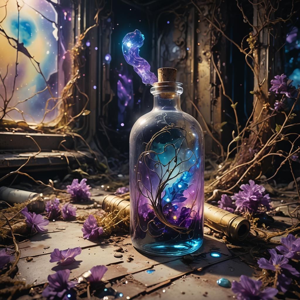 Surreal Glowing Bottle in Abandoned Space Station