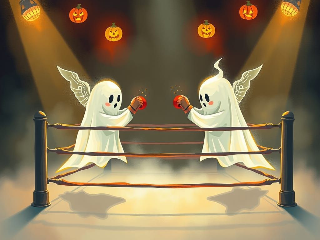 Ethereal Ghosts Boxing in Luminous Gouache Style