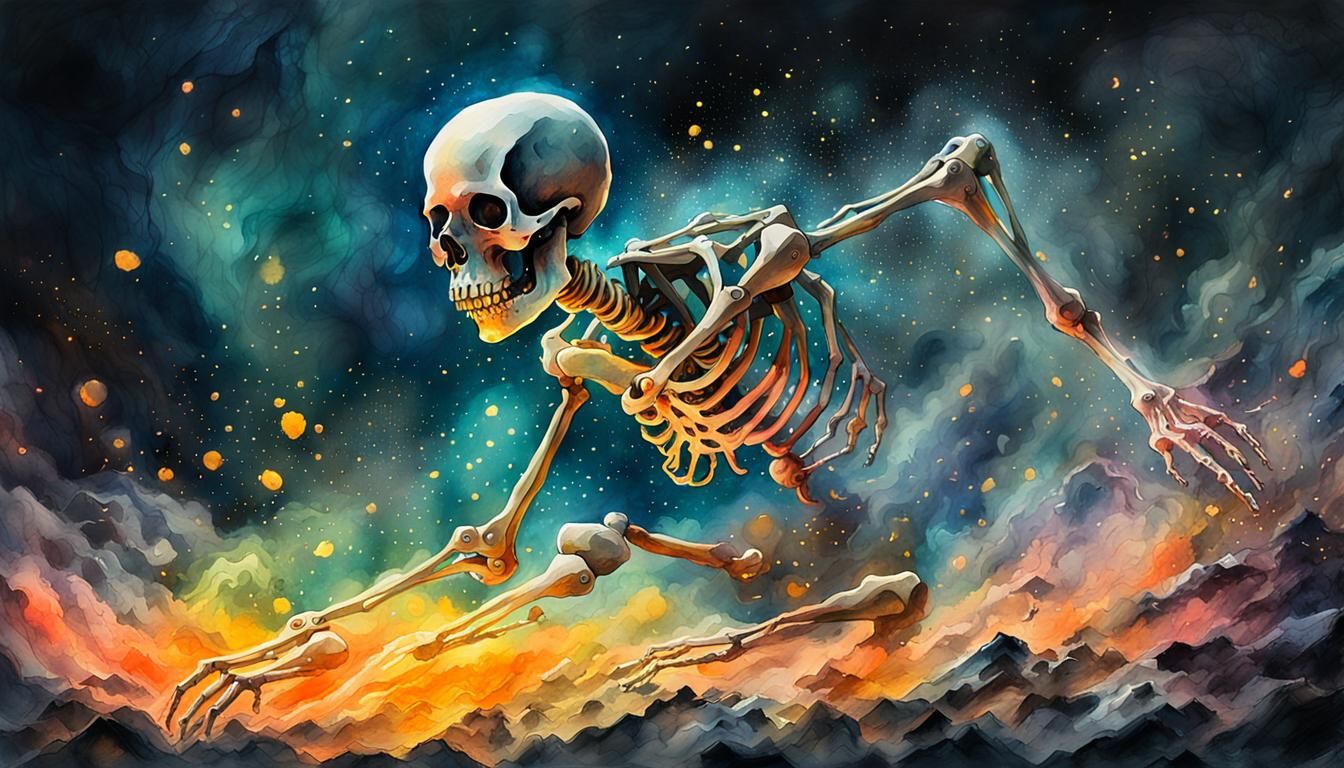 Surreal Skeleton Disintegration in Watercolor Gouache