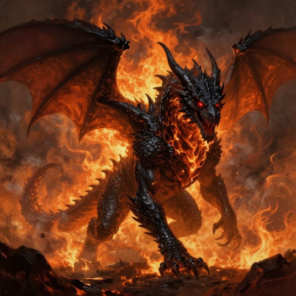 Colossal Obsidian Dragon Amidst Infernal Flames