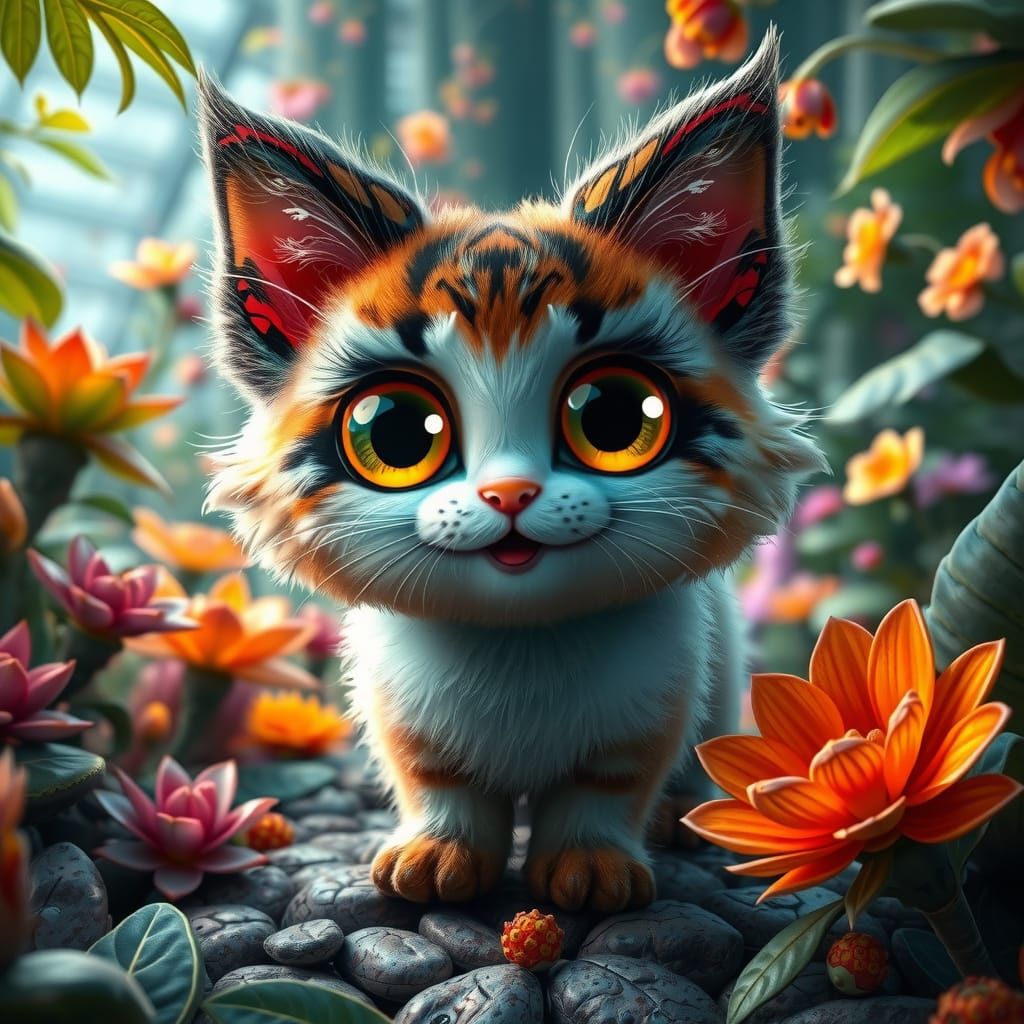 Surrealistic Feline-Caterpillar Hybrid in a Vibrant Botanica...