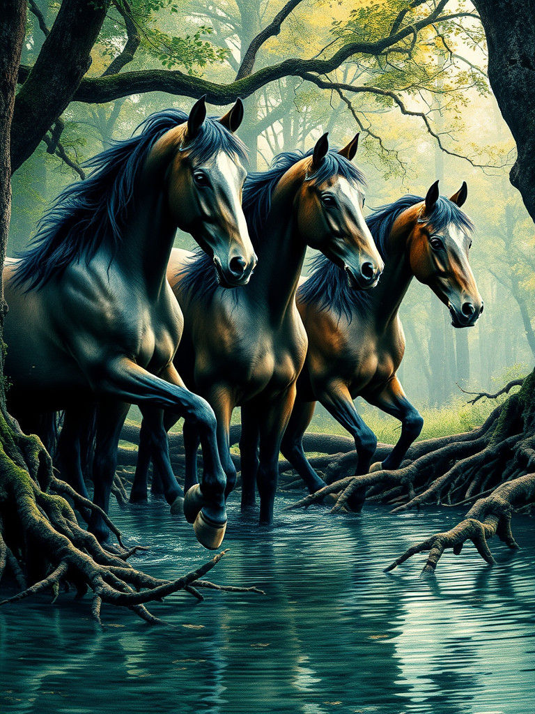 Forest Tarpans at Watering Hole: Double Exposure Collage