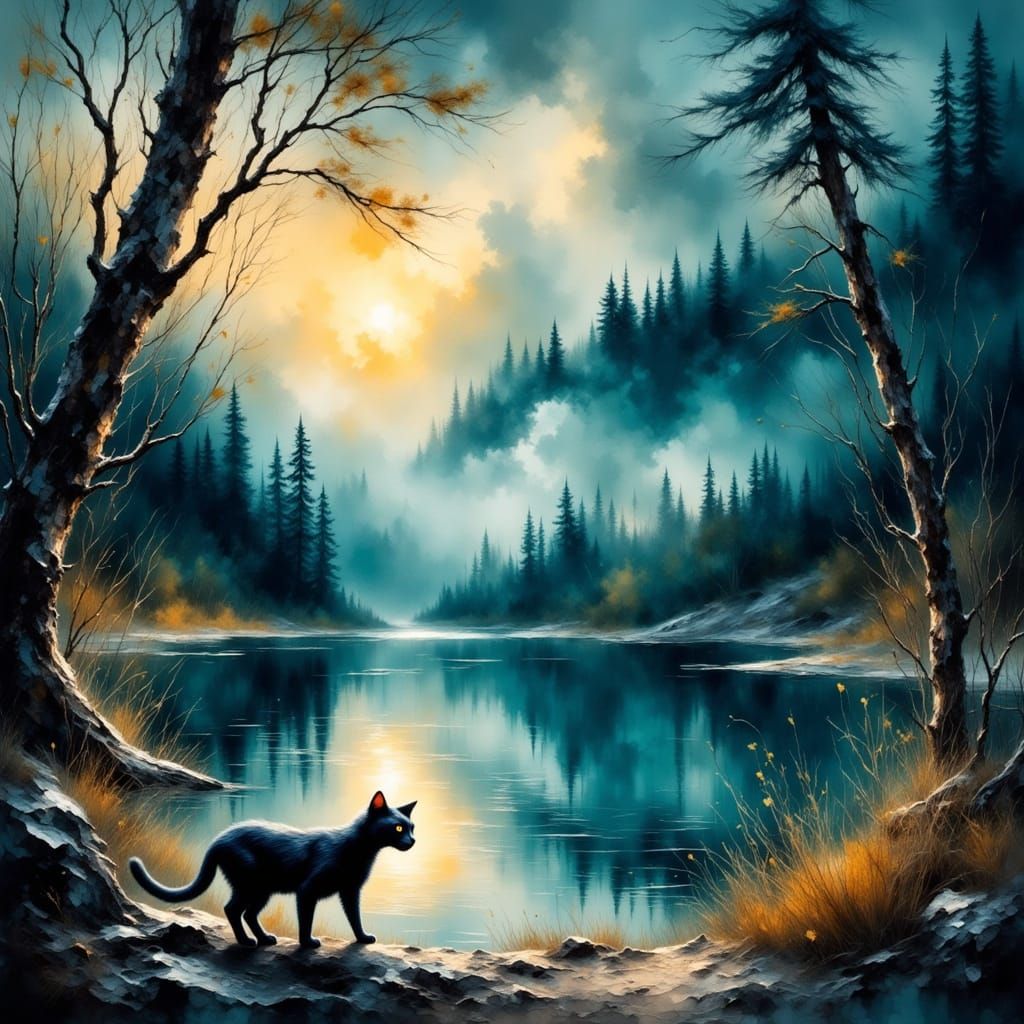 Whimsical Black Cat in a Mystical Forest Beach Scene