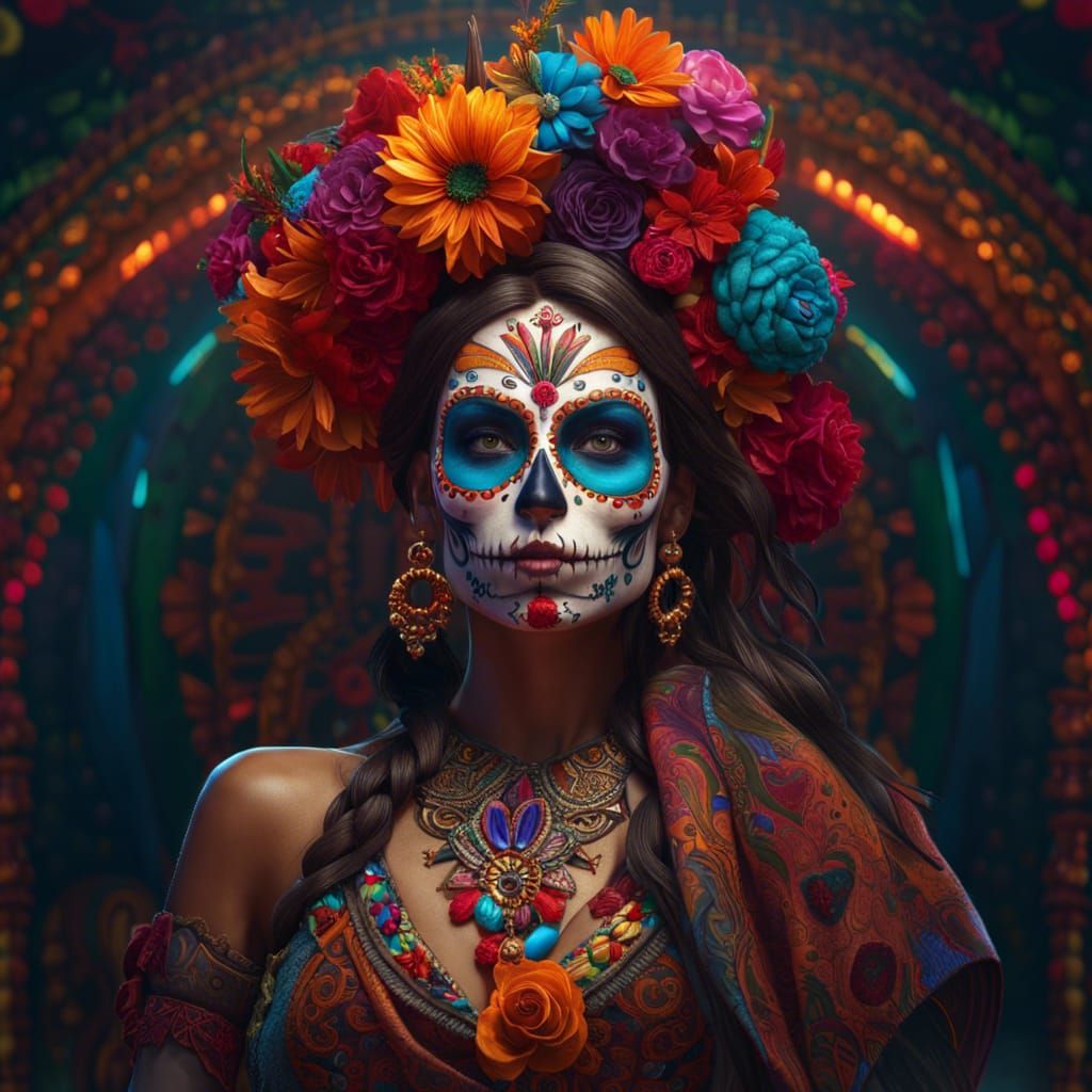 Day of the Dead Woman Portrait in Ornate Style