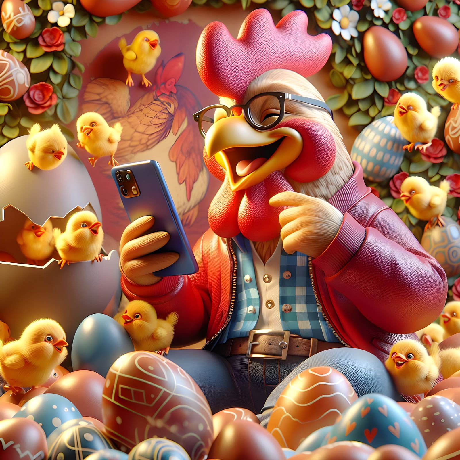 Rooster with Glasses Watching Phone in 3D Cartoon