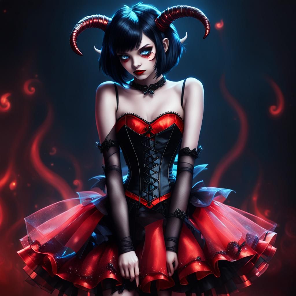 Cute Devil Girl Concept Art in Dark Studio