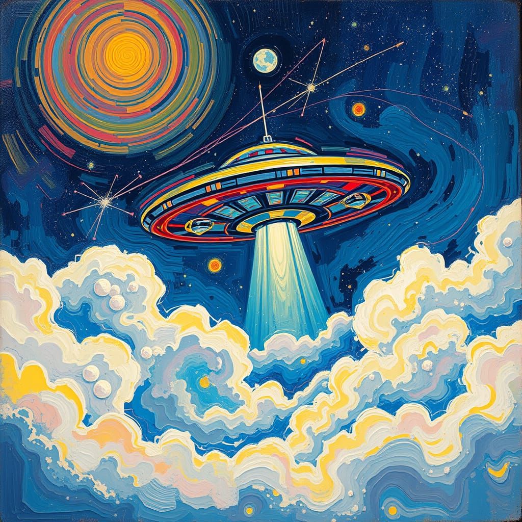 UFO in Celestial Sky: Neo-Impressionist Impasto Painting