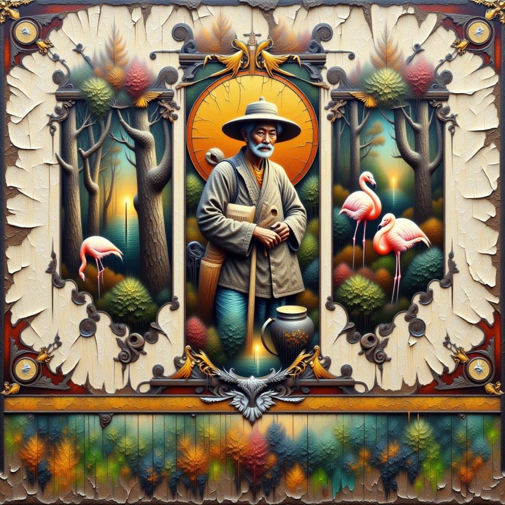 Distressed Wall with Triptych Mural in Geometric Abstraction...