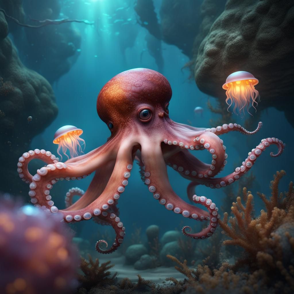 Octopus and Jellyfish in Detailed Fantasy Art