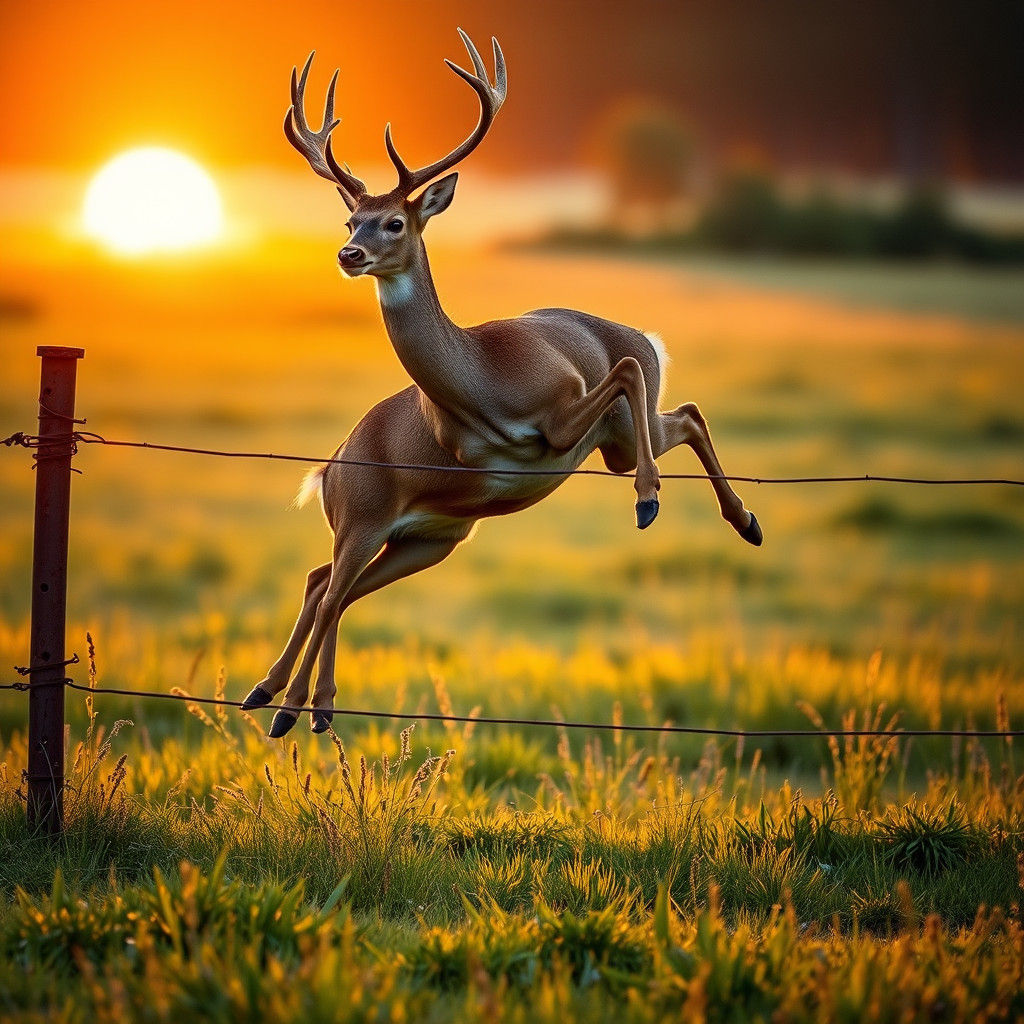 Deer Leaping Fence in Golden Light