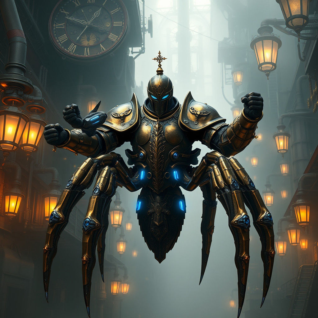 Steampunk Spider-Knight in Industrial Metropolis