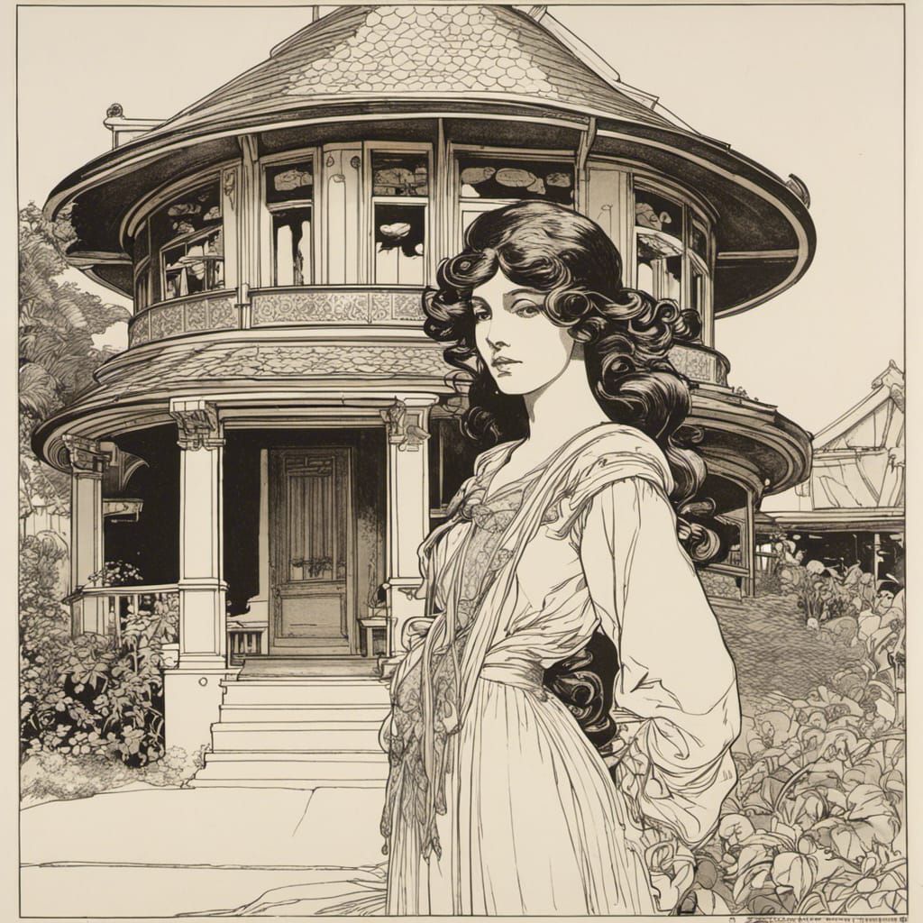 Ink Drawing of Girl in Art Nouveau Style