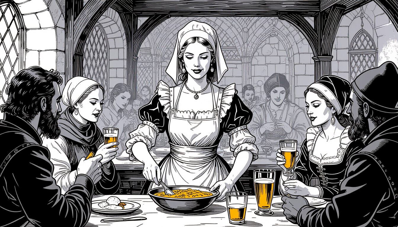 Medieval Tavern Scene with Serving Maid in Ink