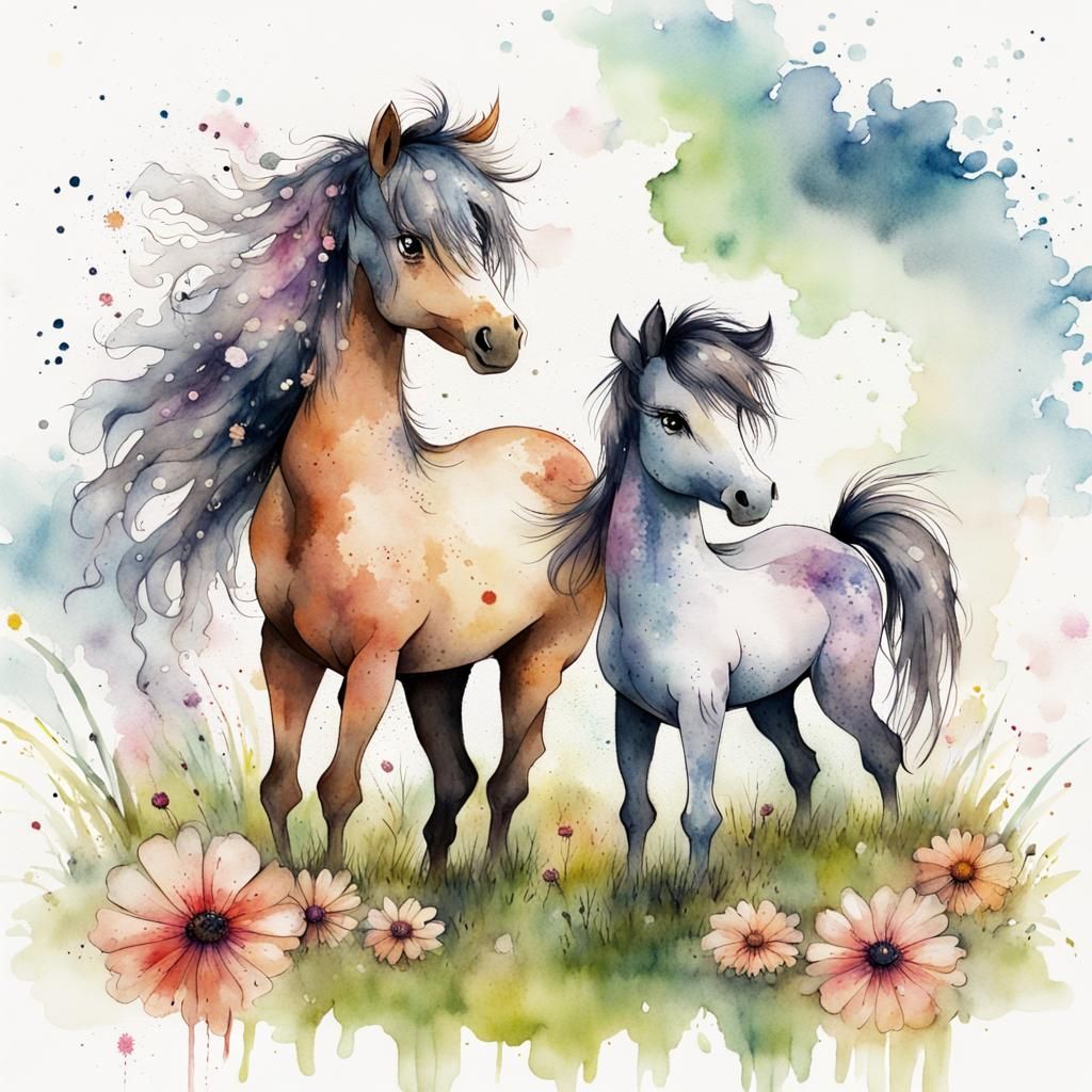Whimsical Pony with Child in Watercolor Style