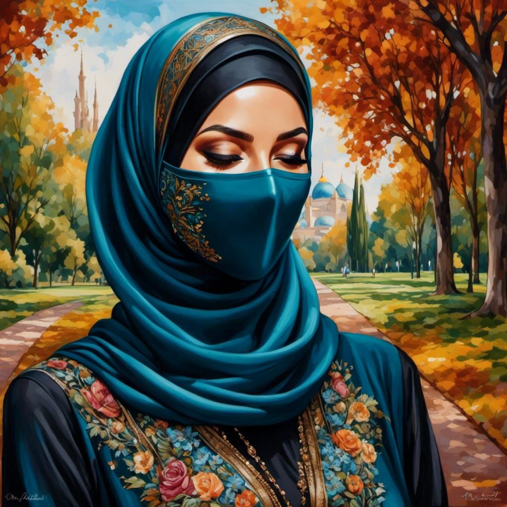 European Woman in Hijab: Detailed Oil Painting