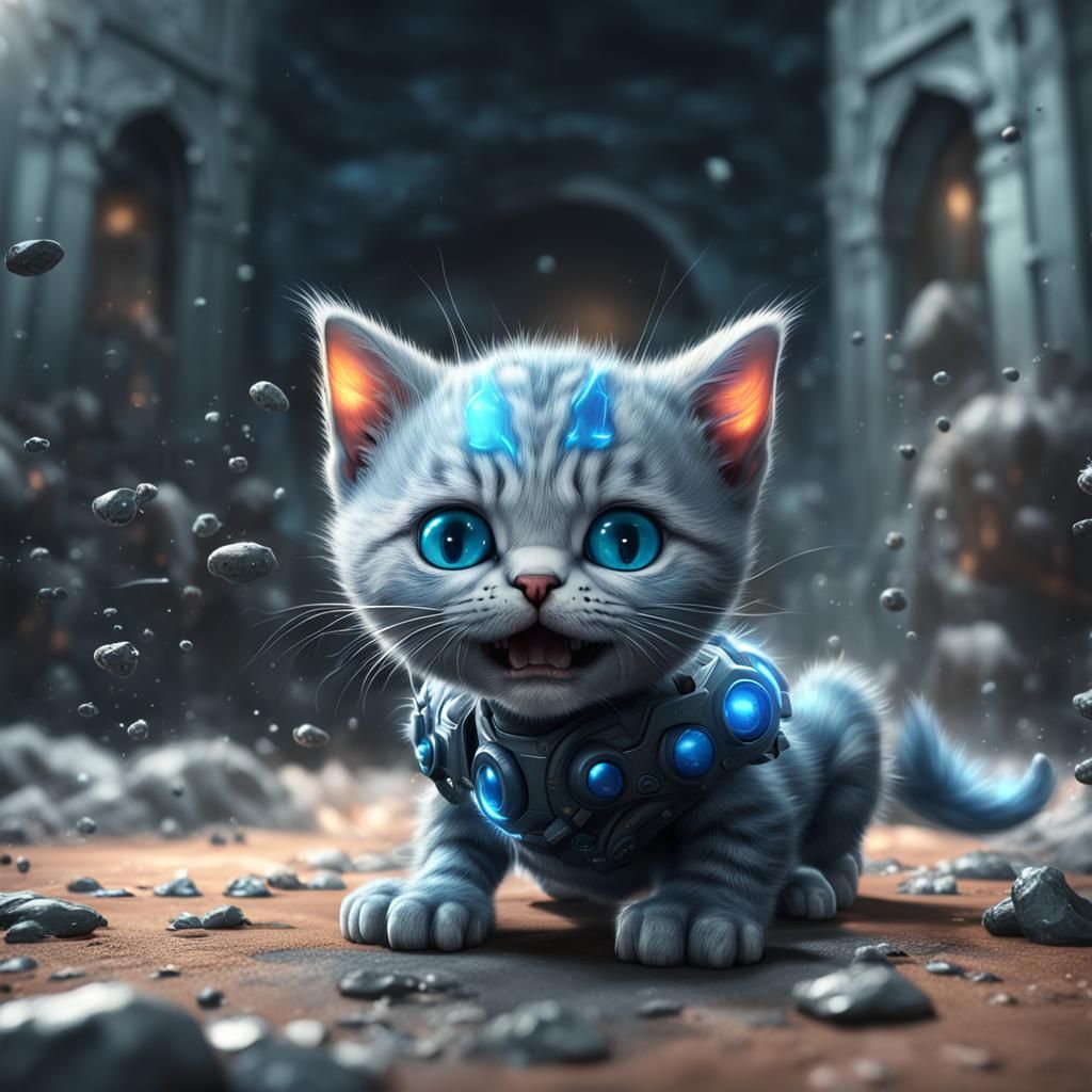 Cyborg Kitten in Futuristic Landscape