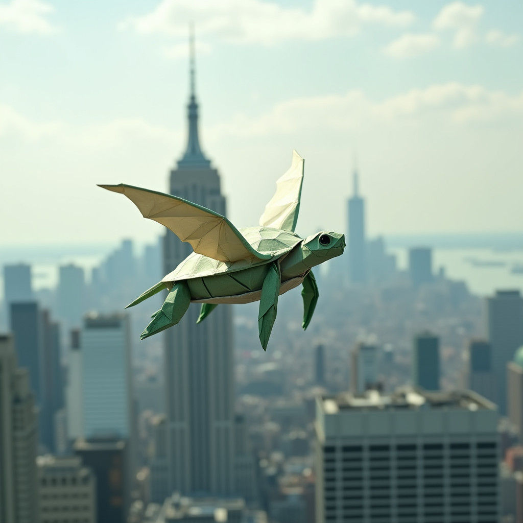 Origami Turtle Flies Over New York City