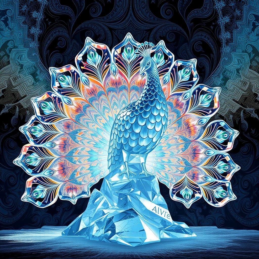 Surreal Peacock Ice Sculpture in Digital Art Style