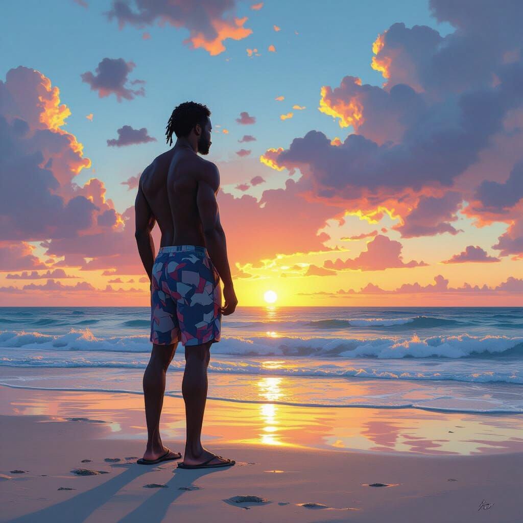 Beach Sunrise Watched by Man in Detailed Matte Painting