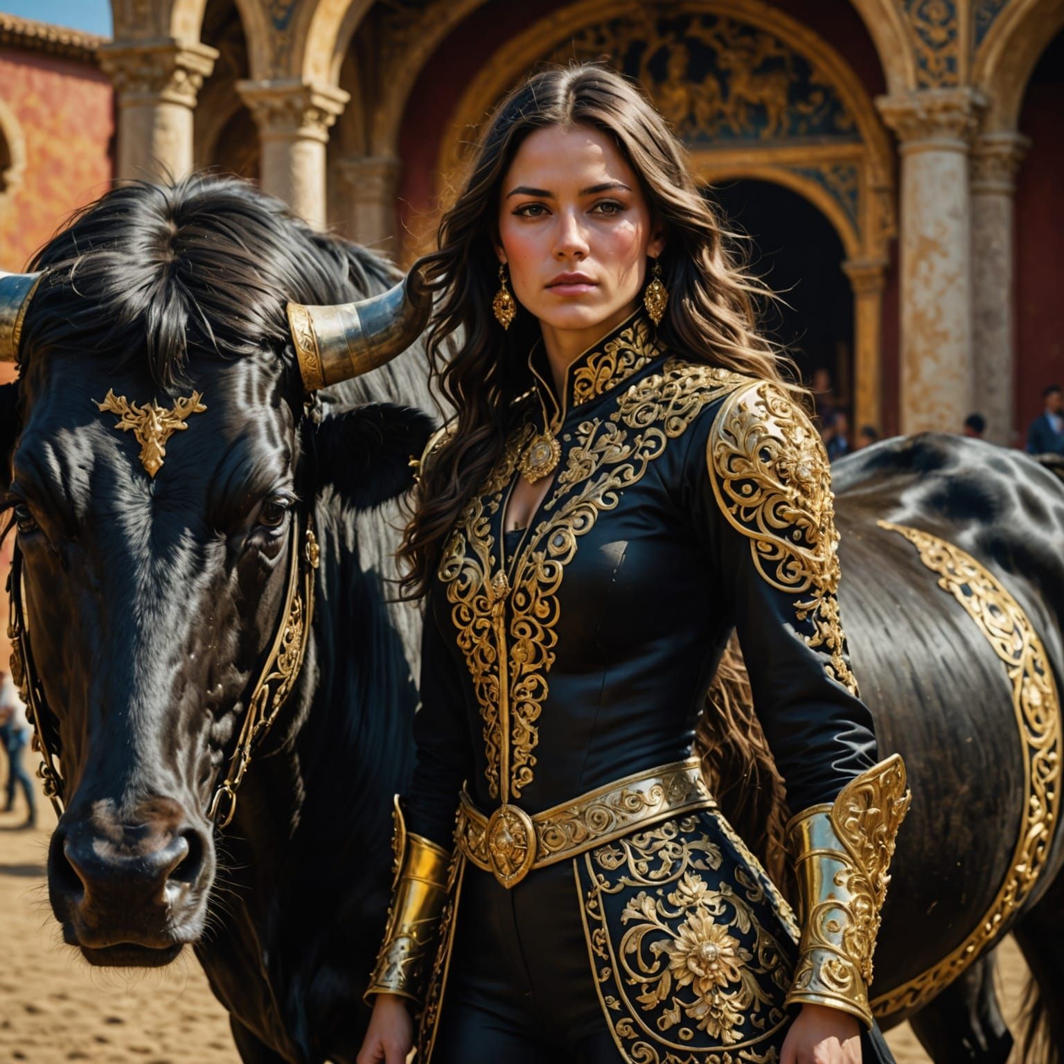 Elegant Female Matador in Stunning Black and Gold Attire