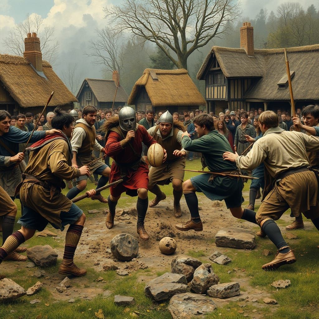 Medieval Mob Football Players Clash in Primal Chaos