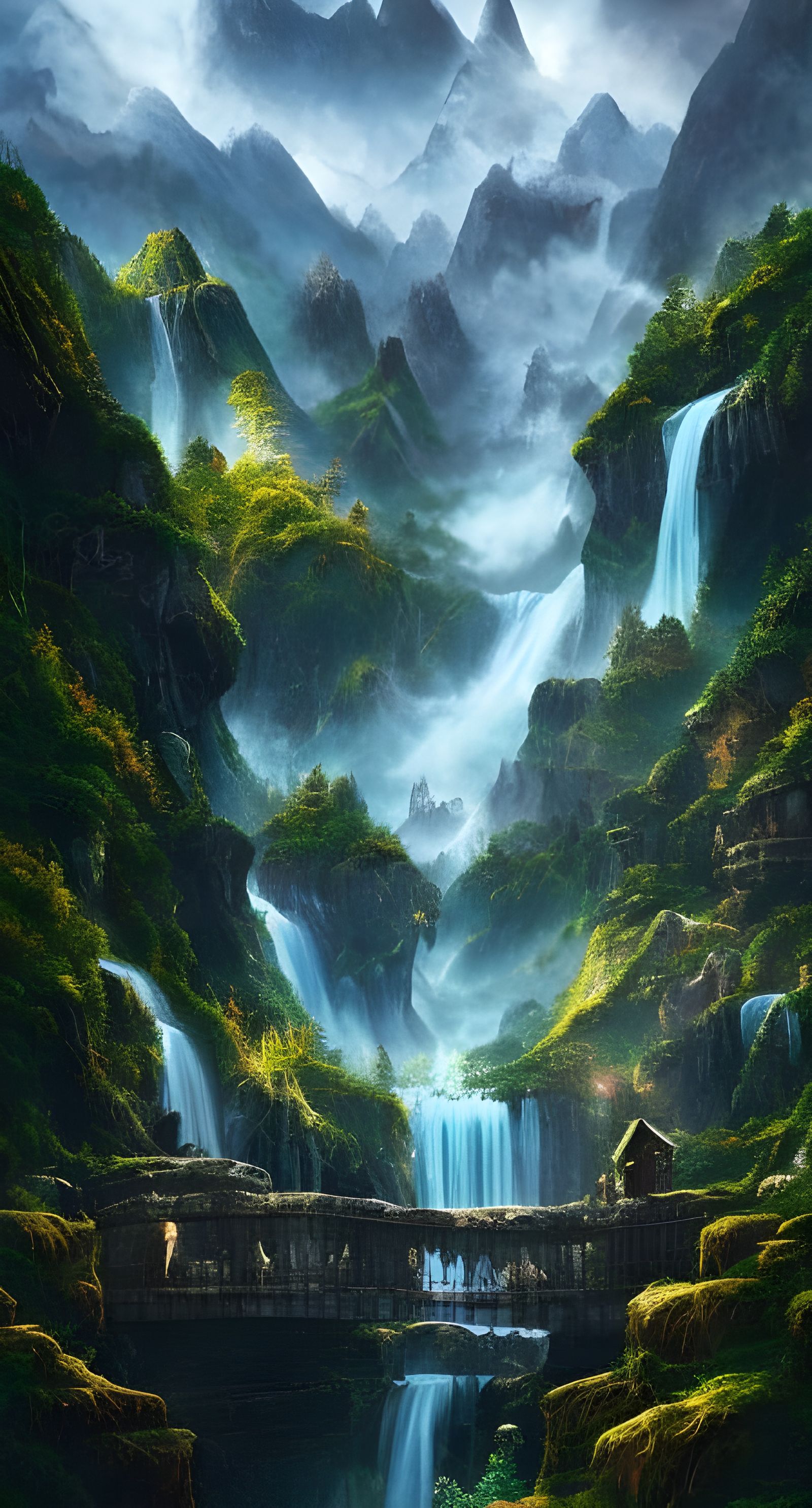 Epic Waterfall and Mountain Landscape Painting