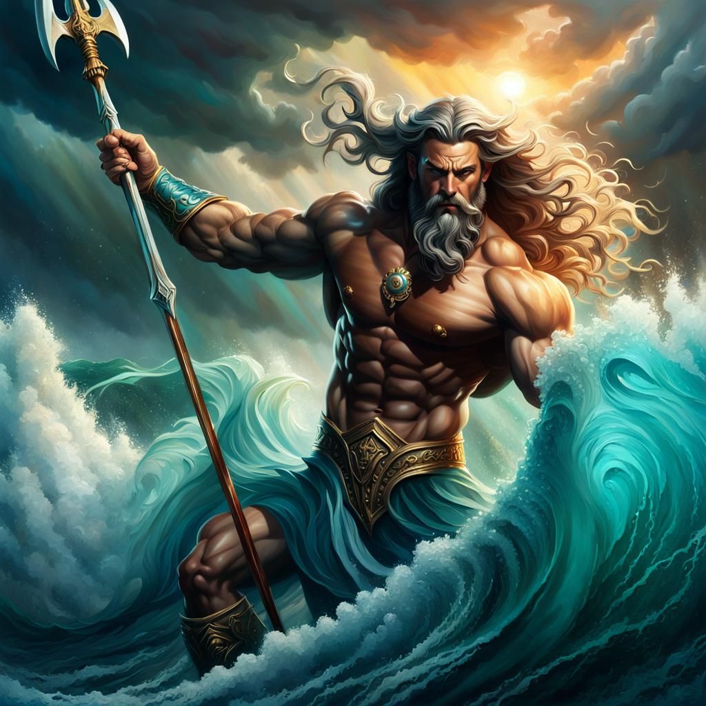 Majestic Poseidon in Stormy Seas: Hyper-Realistic Oil Painti...