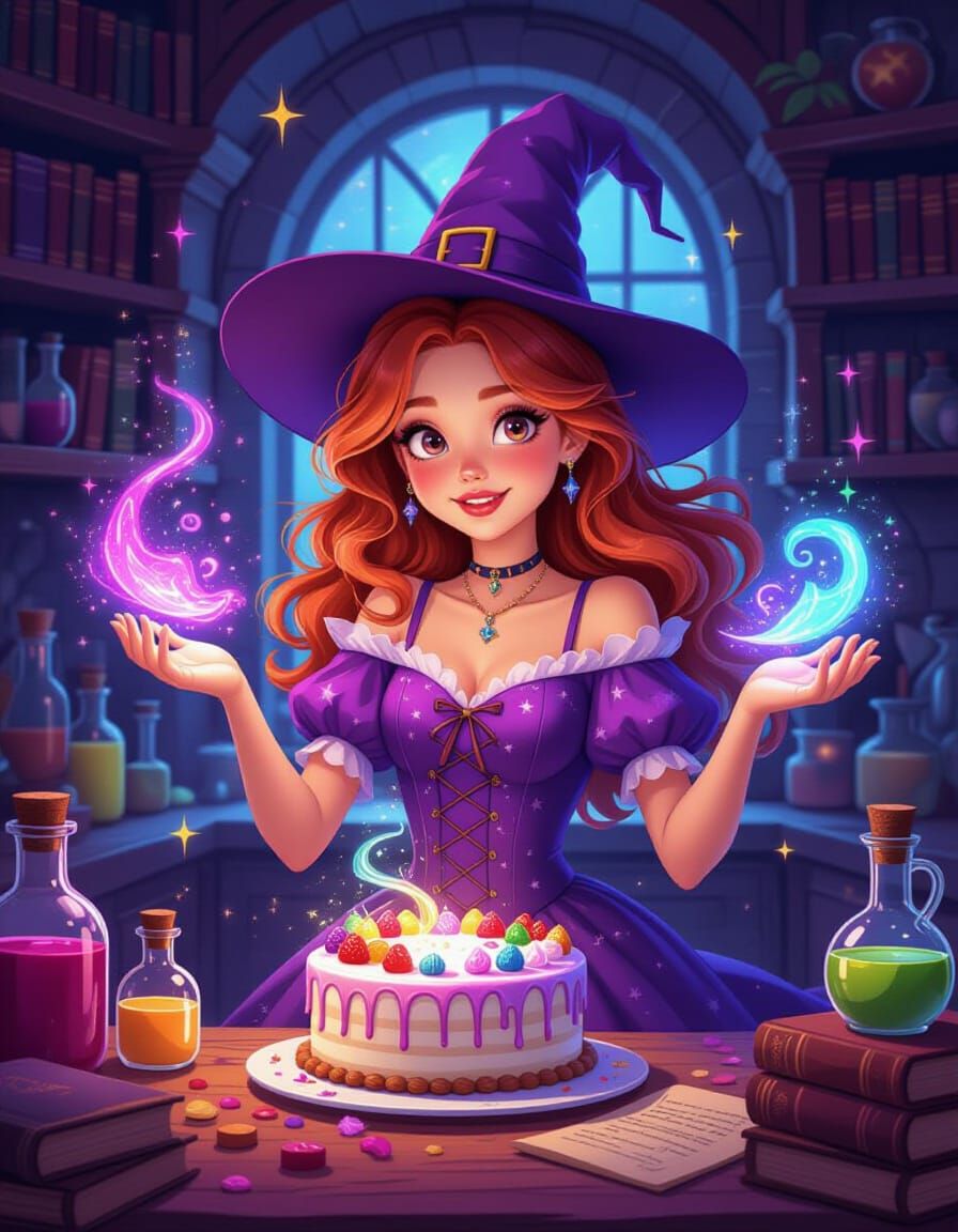 Young Witch Conjures Magical Cake in Whimsical Kitchen