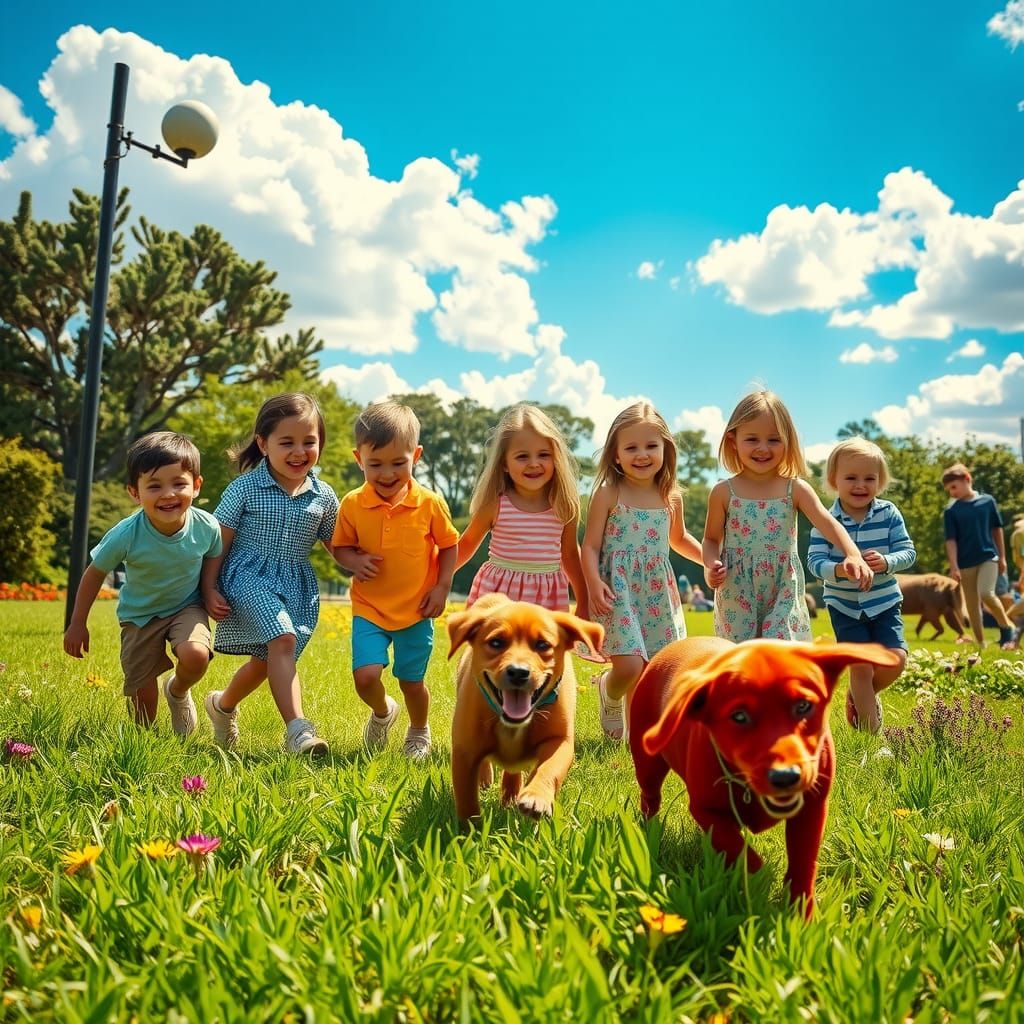 Children Playing with Dogs in Sunny HDR Park